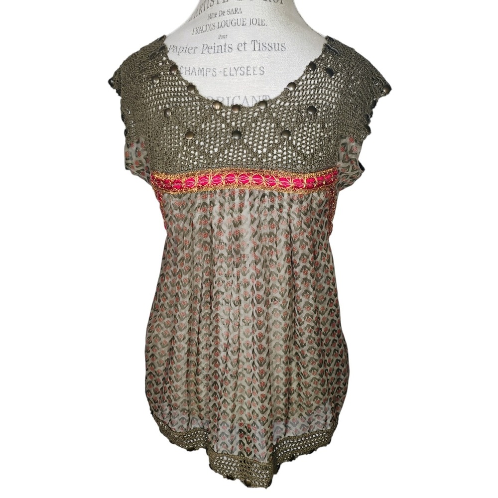 Anthropologie Hazel Y2K Top‎ Crochet Sheer Womens Med Floral Stud Bohemian Boho